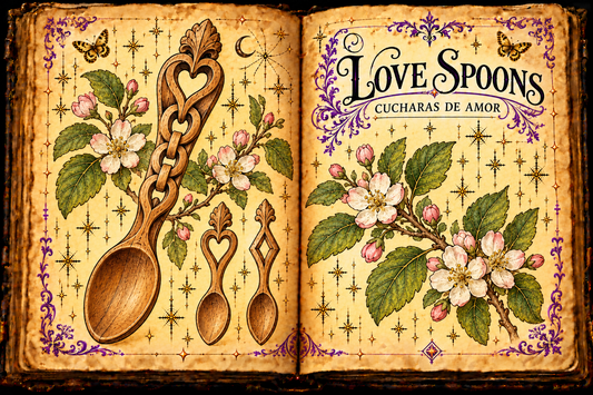Open aged grimoire with carved wooden Welsh lovespoons, heart and diamond motifs, flowering branches, and English and Spanish titles.