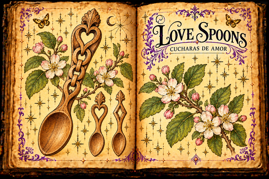 Open aged grimoire with carved wooden Welsh lovespoons, heart and diamond motifs, flowering branches, and English and Spanish titles.