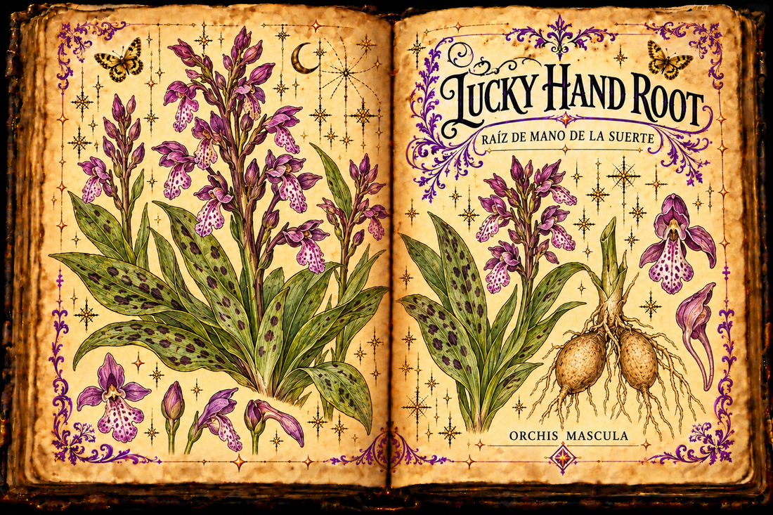 Open aged-parchment grimoire with hand-drawn Orchis mascula leaves, purple flower spikes, paired tubers, purple flourishes and gold butterflies, titled Lucky Hand Root and Raíz de Mano de la Suerte