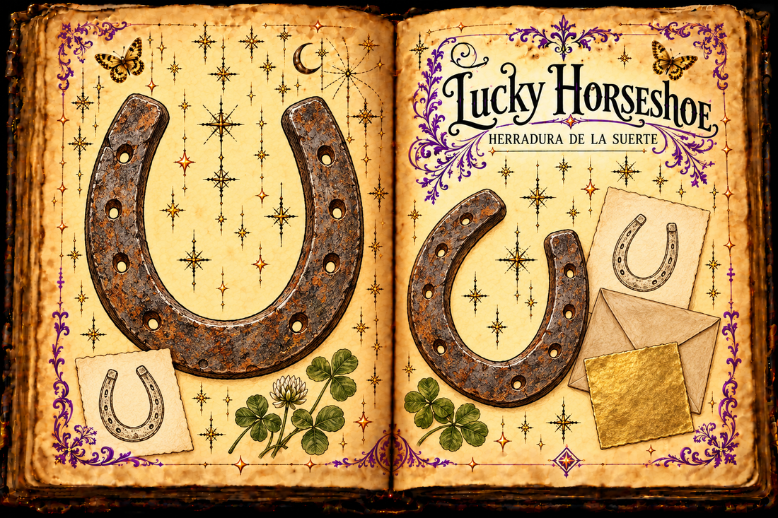 Open aged-parchment grimoire titled Lucky Horseshoe and Herradura de la suerte, with iron horseshoe studies, clover, paper horseshoe charms and an envelope.