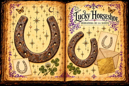 Open aged-parchment grimoire titled Lucky Horseshoe and Herradura de la suerte, with iron horseshoe studies, clover, paper horseshoe charms and an envelope.
