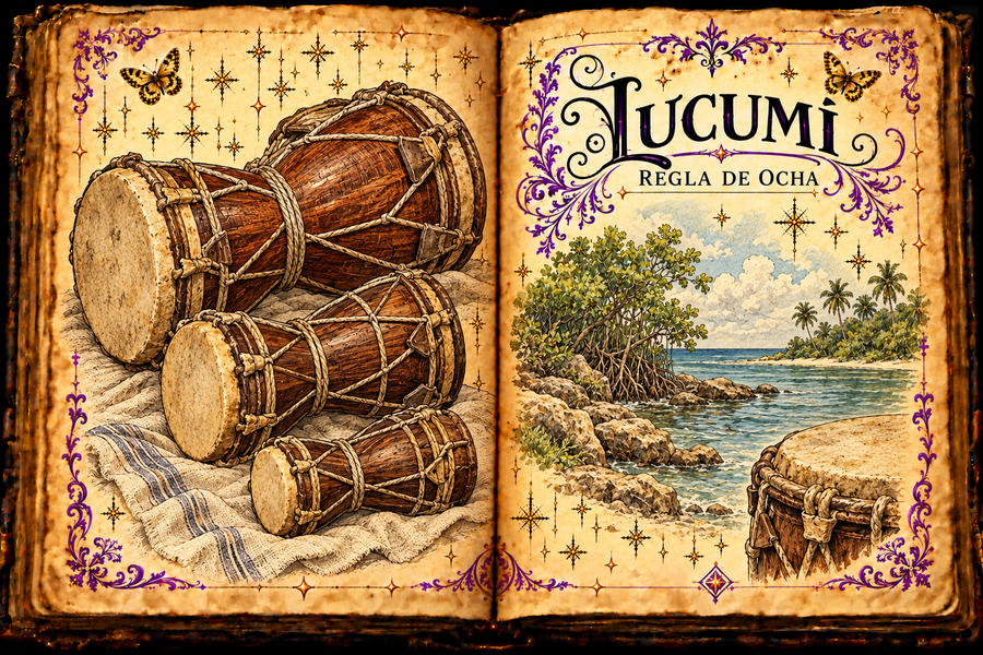 Open parchment grimoire titled Lucumí and Regla de Ocha, with three graduated double-headed batá drums, water imagery, royal-purple flourishes, and gold butterflies.