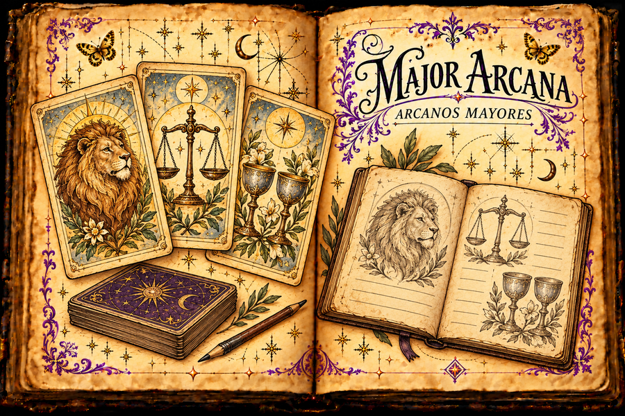 Open parchment grimoire with original card studies of a lion, balanced scales and two chalices, a study notebook, purple flourishes and gold butterflies; Major Arcana / Arcanos mayores.