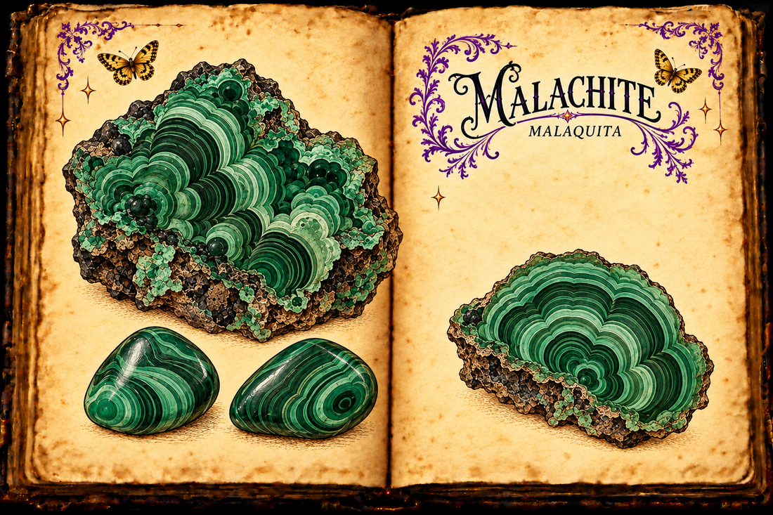 Open aged-parchment grimoire with ink and watercolor studies of green botryoidal and banded malachite rough and tumbled stones, titled Malachite and Malaquita.