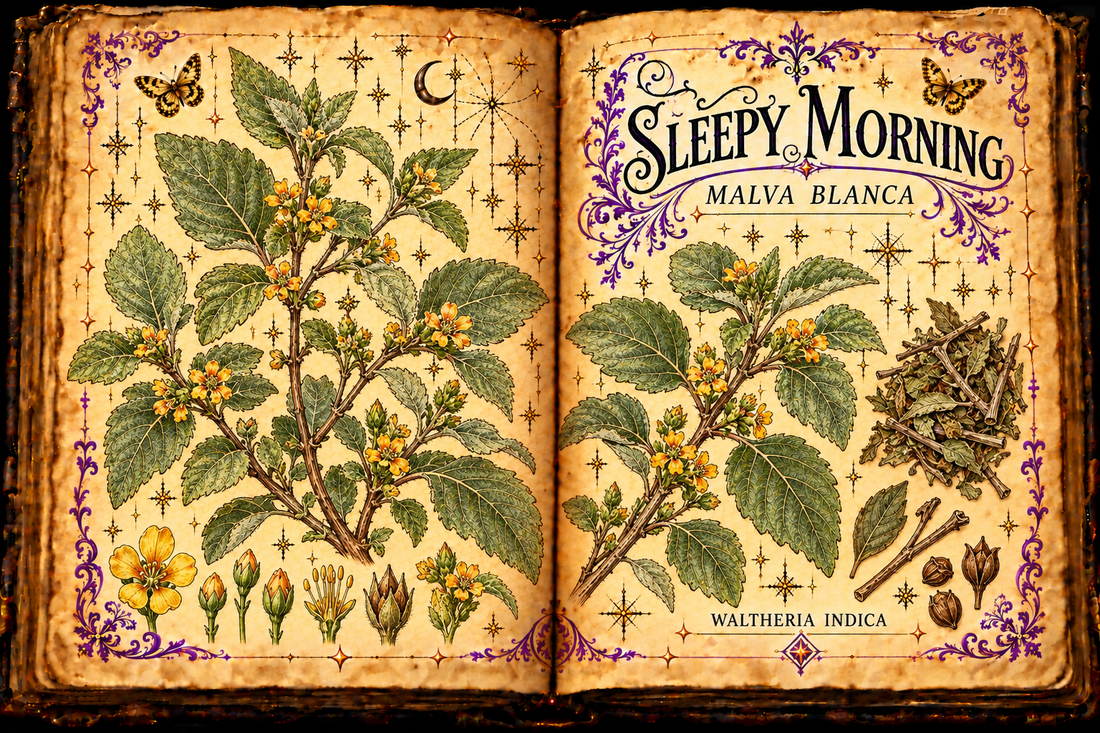 Open aged-parchment grimoire with hand-drawn Waltheria indica branches, gray-green toothed leaves, yellow flowers and dried herb, purple flourishes and gold butterflies, titled Sleepy Morning and Malva Blanca