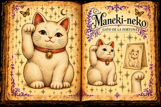 Open parchment grimoire showing a white Japanese beckoning cat with its right paw raised and no coin, titled Maneki-neko / Gato de la fortuna, with purple and gold ornaments.