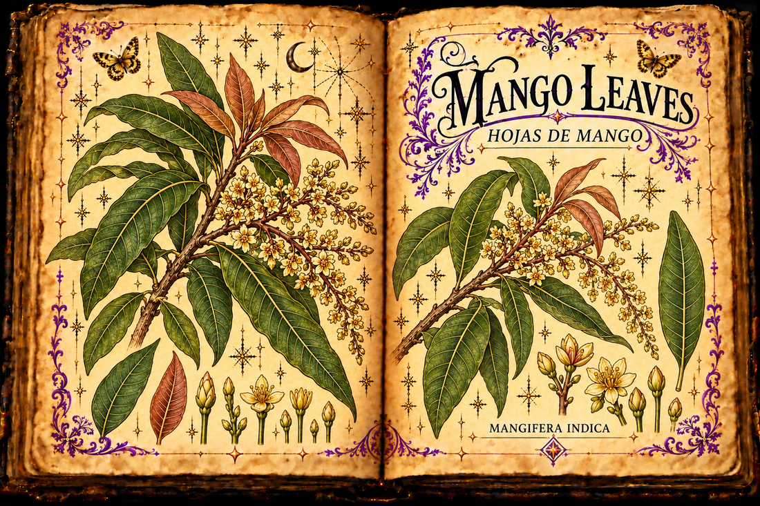 Open aged-parchment grimoire illustration of mango leaves and flowers, titled Mango Leaves / Hojas de Mango.