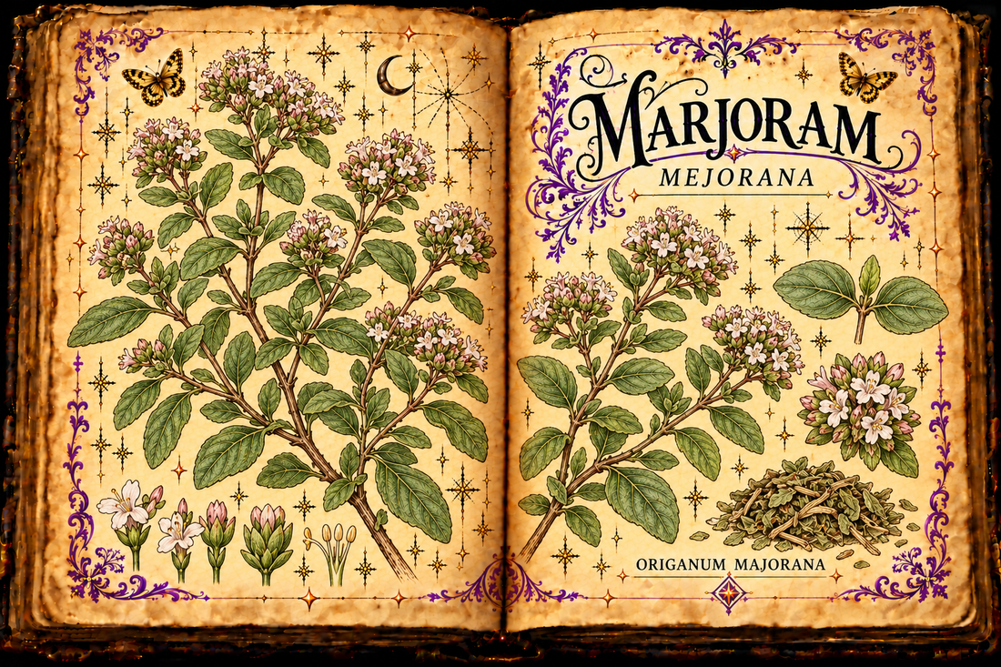 Open aged-parchment grimoire with hand-drawn Origanum majorana stems, opposite gray-green leaves, pale flower clusters and dried herb, purple flourishes and gold butterflies, titled Marjoram and Mejorana