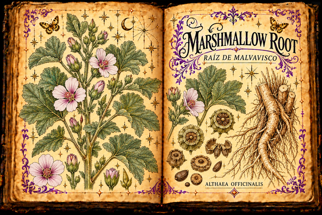Open aged-parchment grimoire illustration of marshmallow, Althaea officinalis, with flowers, leaves, seeds and root