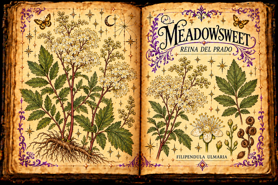 Open aged-parchment grimoire showing meadowsweet reddish stems, toothed pinnate leaves, cream-white flower clusters, flower and fruit studies, purple flourishes and gold butterflies, titled Meadowsweet and Reina del Prado
