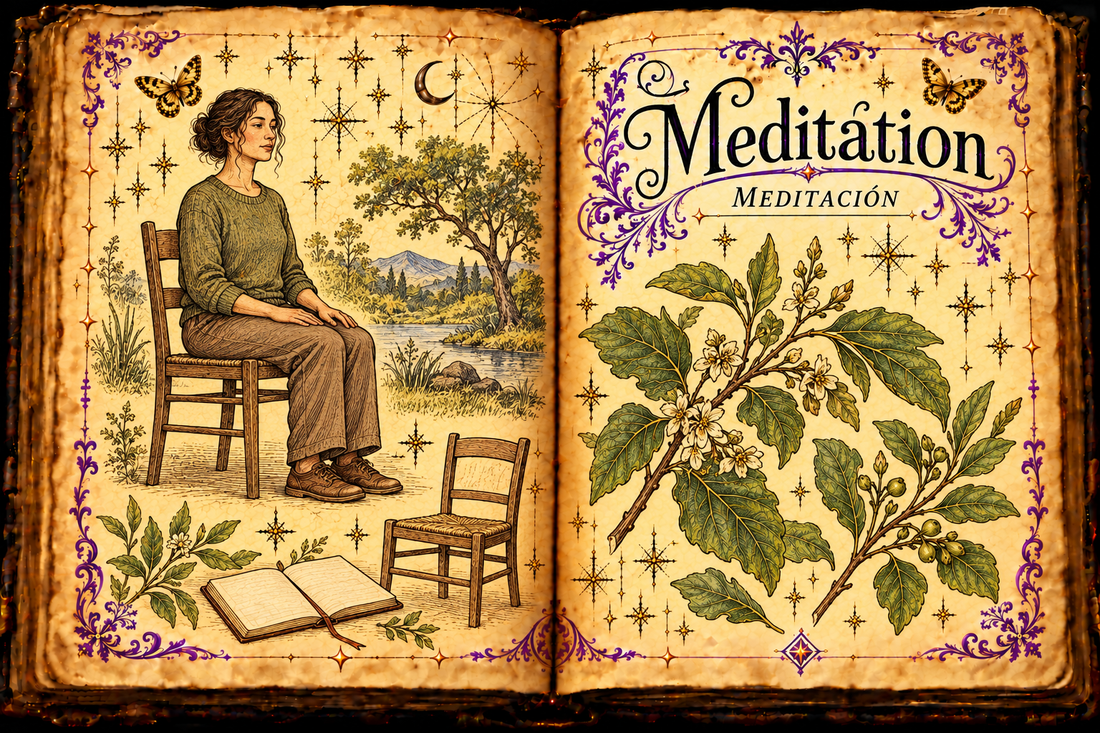 Open aged-parchment grimoire titled Meditation / Meditación, showing an adult seated on a chair, a quiet landscape, a journal and decorative botanical studies.
