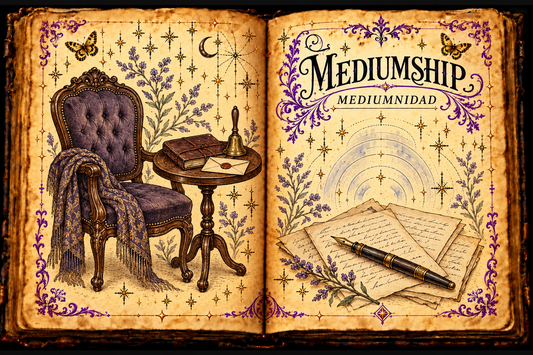 Open aged-parchment grimoire illustration for Mediumship / Mediumnidad with an empty Victorian chair, closed journal, sealed envelope, hand bell, handwritten pages, purple flourishes and gold butterflies