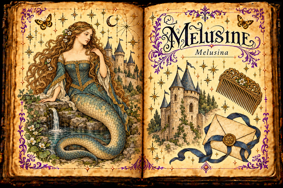 Open aged grimoire depicting Mélusine with a serpent tail beside a spring and castle, with a comb, ribbon-bound envelope, and English and Spanish titles.