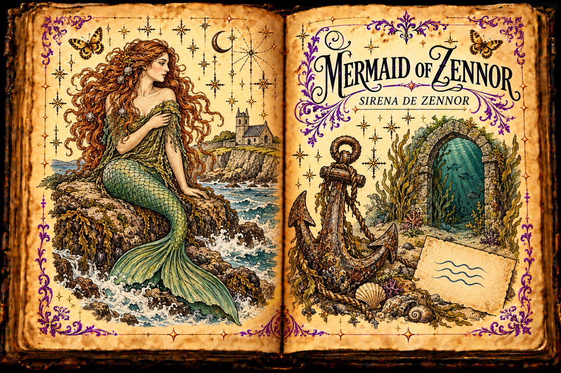 Open parchment grimoire illustration of the Mermaid of Zennor beside the Cornish coast and church, with an anchor, underwater doorway and wave card; titled Mermaid of Zennor / Sirena de Zennor.