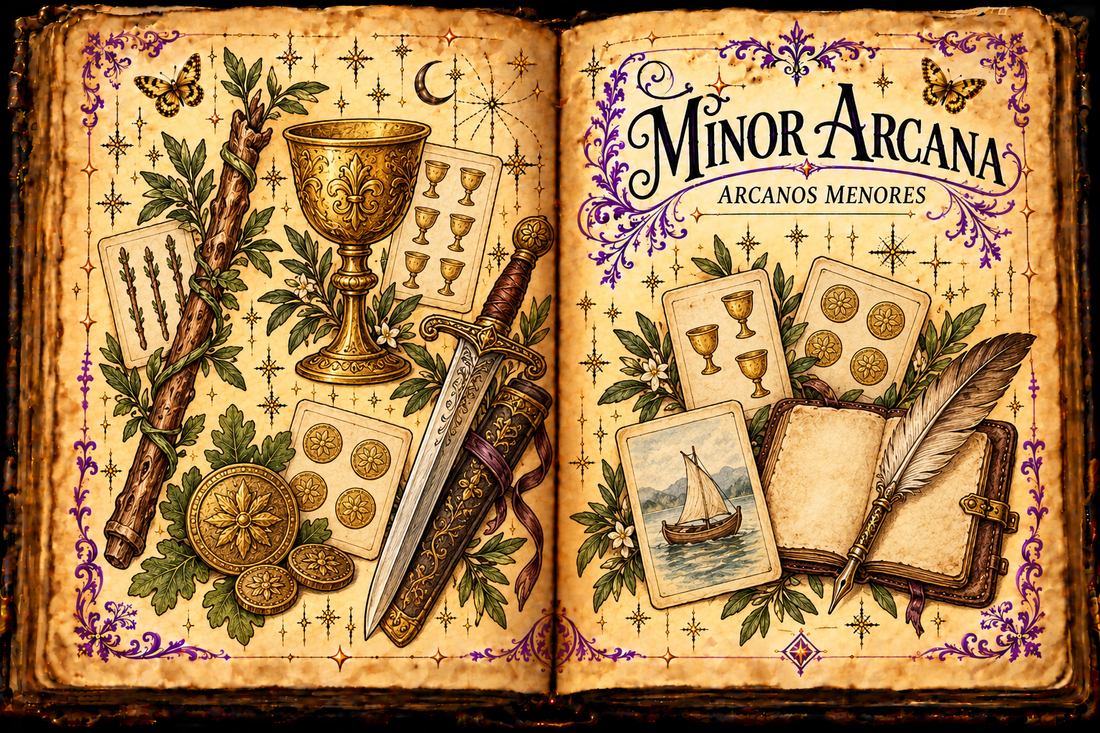 Open aged-parchment grimoire titled Minor Arcana and Arcanos menores, with a leafy baton, cup, sword, coin, imagined pip cards, boat vignette, notebook and quill, framed by purple flourishes and gold butterflies.