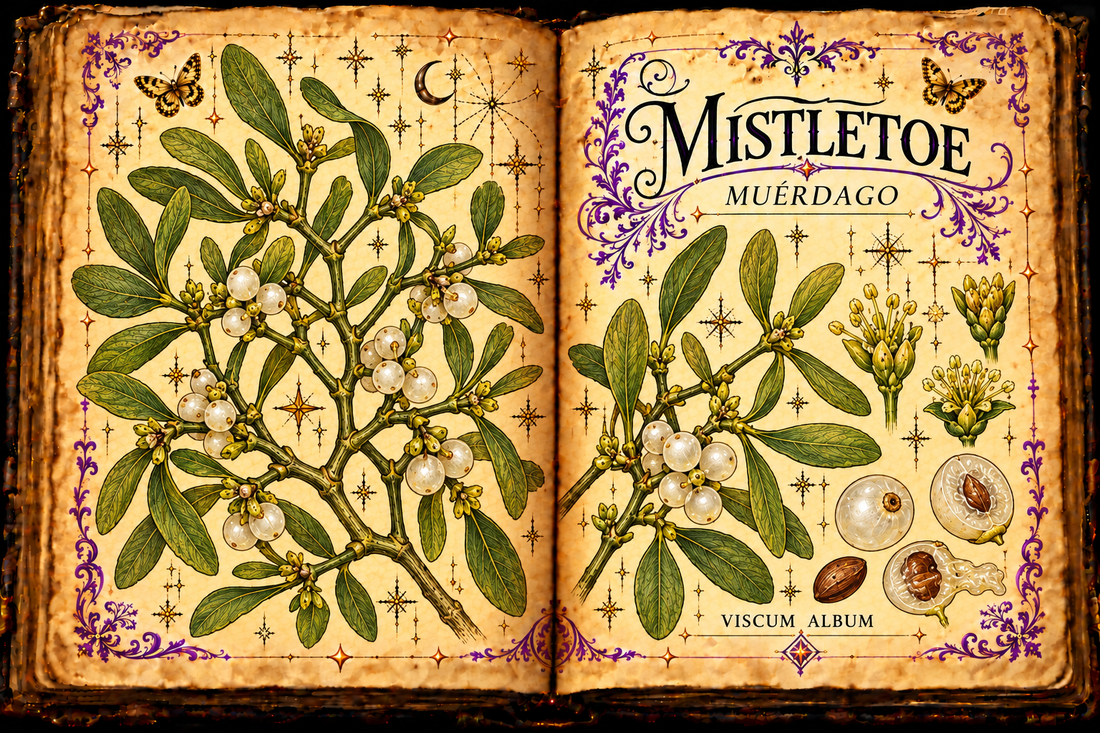 Open aged-parchment grimoire with hand-drawn Viscum album forked green stems, opposite leaves, white berries, purple flourishes and gold butterflies, titled Mistletoe and Muérdago