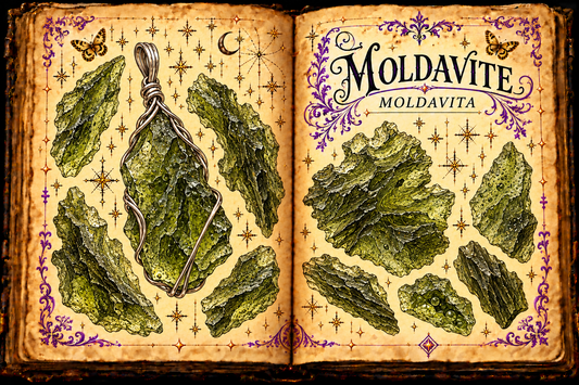 Open aged-parchment grimoire with ink and watercolor studies of olive-green rough Moldavite tektites and a silver-wrapped pendant, titled Moldavite and Moldavita.