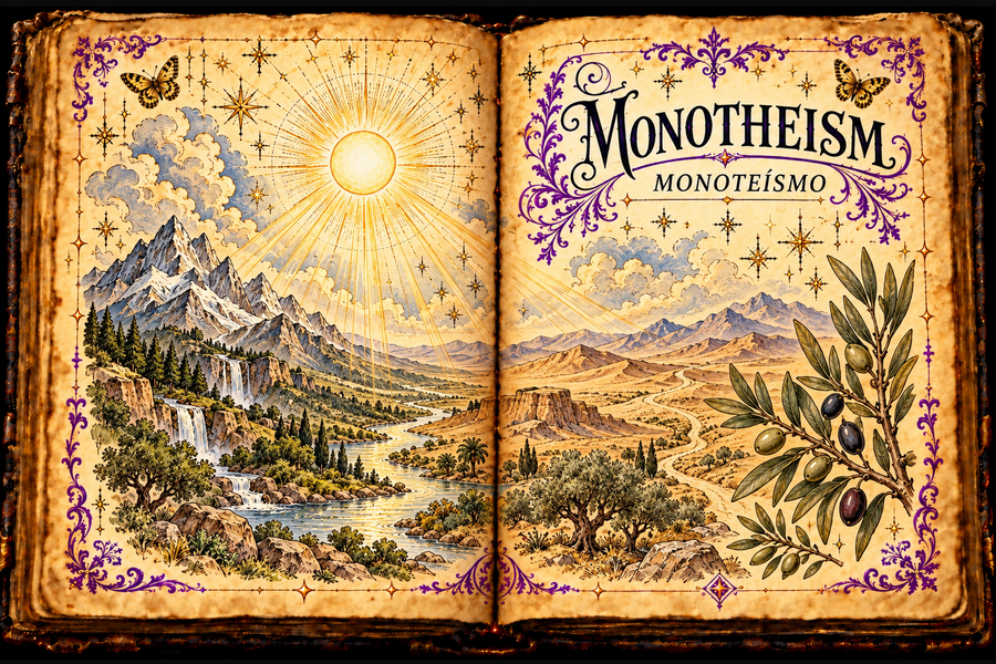 Open aged-parchment grimoire titled Monotheism and Monoteísmo, with one radiant light over mountains, river, desert, olive branches, purple flourishes and gold butterflies.