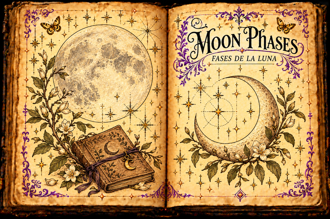 Open aged-parchment grimoire titled Moon Phases / Fases de la Luna, with decorative full and crescent Moon studies, a journal, purple flourishes and gold butterflies.