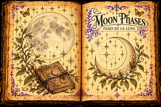 Open aged-parchment grimoire titled Moon Phases / Fases de la Luna, with decorative full and crescent Moon studies, a journal, purple flourishes and gold butterflies.