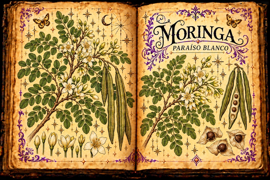 Open parchment grimoire with a hand-drawn Moringa oleifera botanical study, titled Moringa / Paraíso Blanco