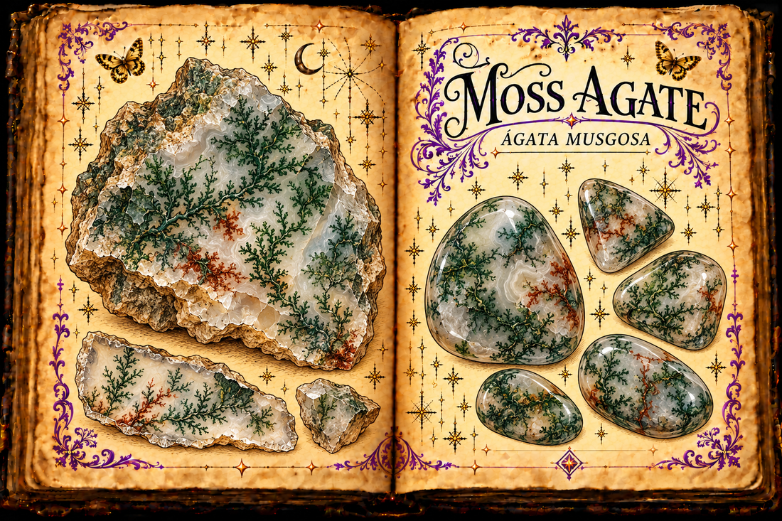 Open aged-parchment grimoire with ink and watercolor studies of translucent moss agate rough and tumbled stones with green and reddish mineral dendrites, titled Moss Agate and Ágata Musgosa.