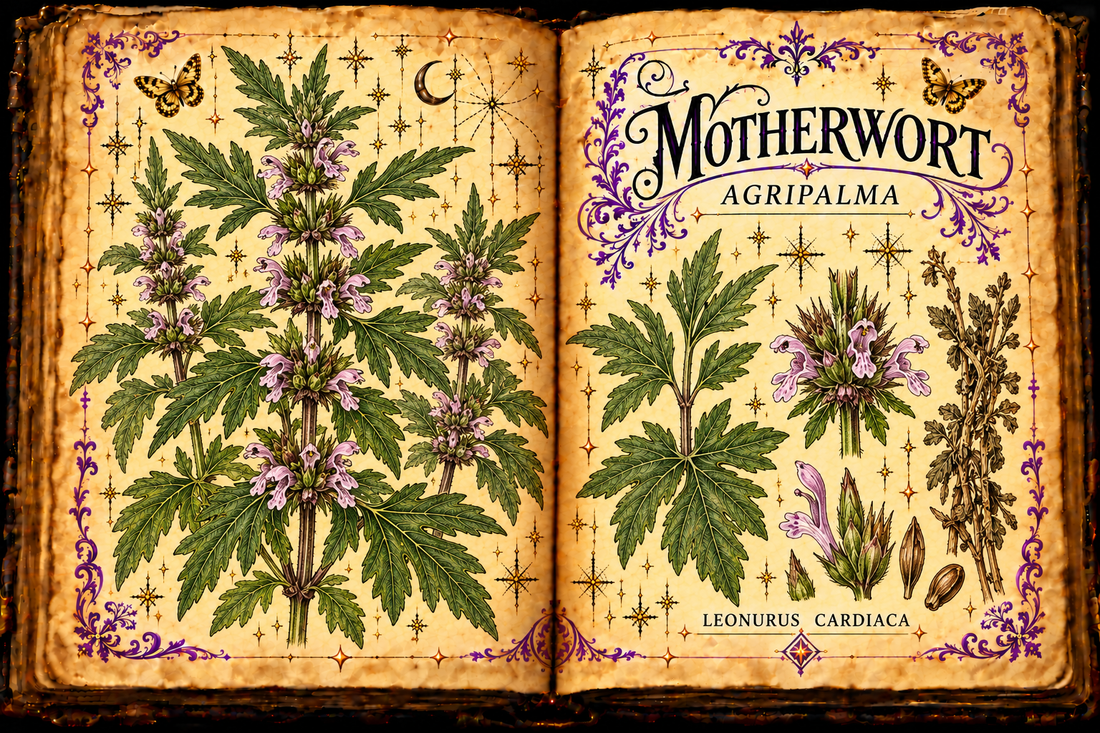 Open aged-parchment grimoire with hand-drawn Leonurus cardiaca square stems, lobed leaves, pink flower whorls and dried aerial herb, purple flourishes and gold butterflies, titled Motherwort and Agripalma