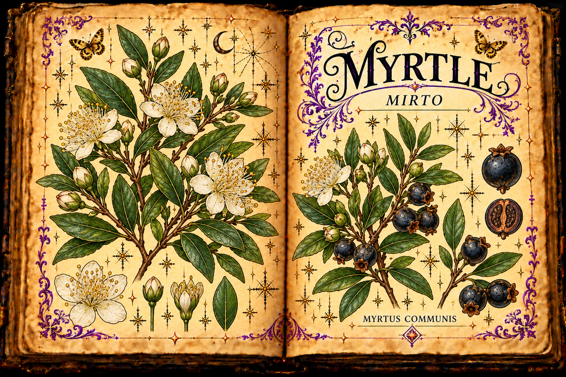 Open aged-parchment grimoire with hand-drawn Myrtus communis branches, glossy leaves, white flowers, blue-black berries, purple flourishes and gold butterflies, titled Myrtle and Mirto