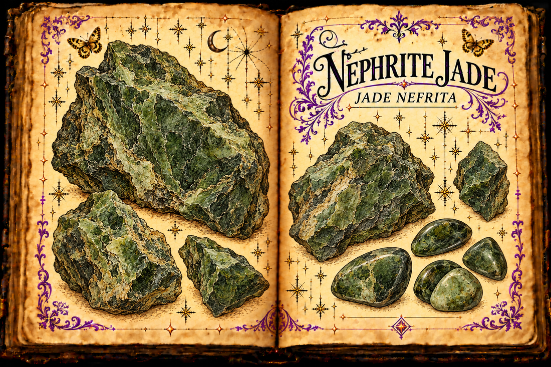 Open aged-parchment grimoire with mottled green nephrite rough pieces and tumbled stones, titled Nephrite Jade and Jade Nefrita.