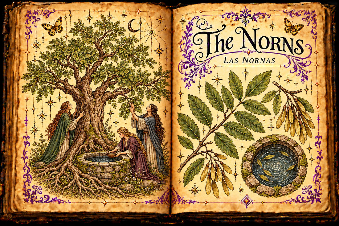 Open aged grimoire depicting three Norns tending an ash beside a well, with leaf and seed studies and English and Spanish titles.