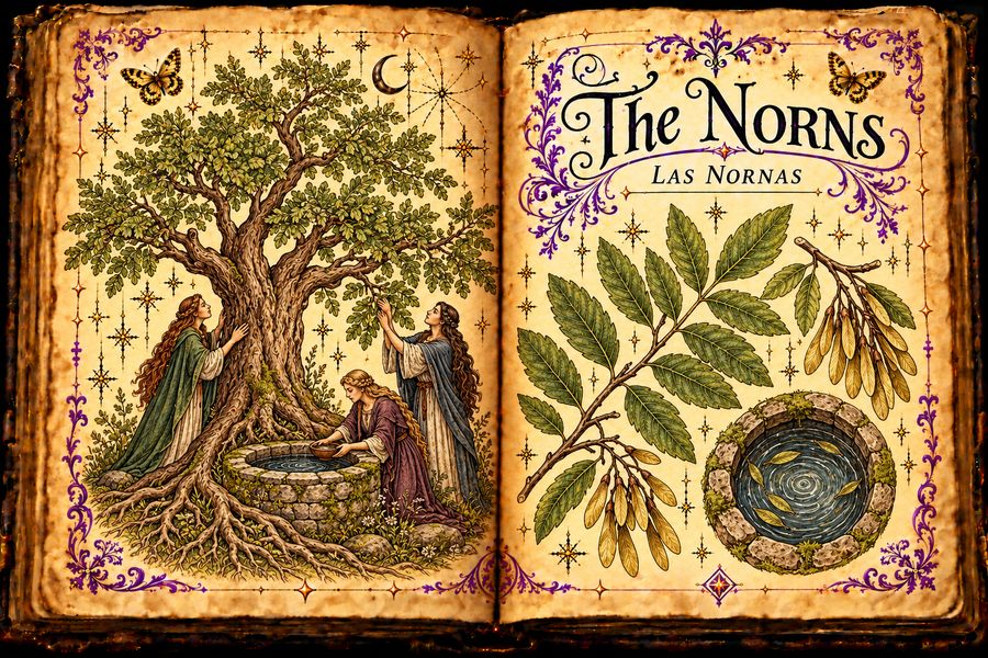 Open aged grimoire depicting three Norns tending an ash beside a well, with leaf and seed studies and English and Spanish titles.