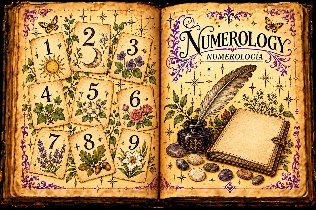 Open aged-parchment grimoire with numeral cards one through nine, decorative flowers, a quill and notebook, titled Numerology and Numerología.