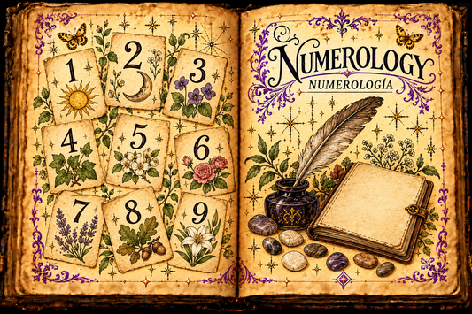 Open aged-parchment grimoire with numeral cards one through nine, decorative flowers, a quill and notebook, titled Numerology and Numerología.
