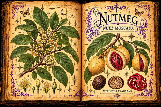 Open aged-parchment grimoire with hand-drawn Myristica fragrans tree, yellow fruits split to reveal red mace and brown nutmeg seeds, purple flourishes and gold butterflies, titled Nutmeg and Nuez Moscada