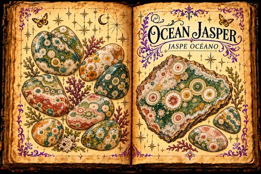 Open aged-parchment grimoire with ink and watercolor studies of orbicular Ocean Jasper tumbled stones and a polished slab, titled Ocean Jasper and Jaspe Océano.