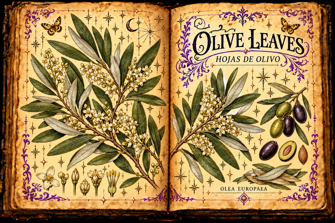 Open aged-parchment grimoire with hand-drawn Olea europaea branches, silver-backed leaves, white flowers, olives and dried leaves, purple flourishes and gold butterflies, titled Olive Leaves and Hojas de Olivo