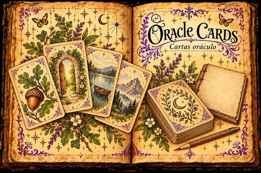 Open aged-parchment grimoire titled Oracle Cards / Cartas oráculo, with original nature-themed cards, a blank guidebook and pencil, purple flourishes and gold butterflies.