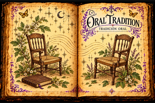 Open aged-parchment grimoire illustration for Oral Tradition / Tradición oral, with two listening chairs, a closed notebook, ribbon markers, purple flourishes, and gold butterflies