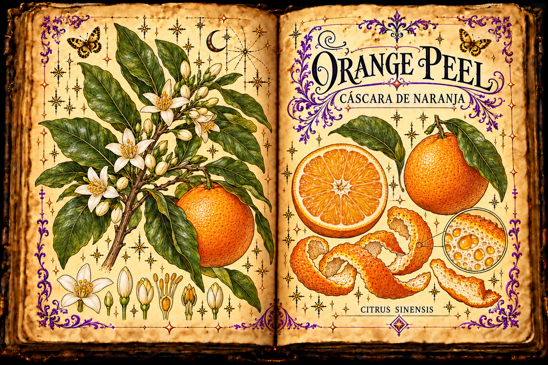 Open aged-parchment grimoire with hand-drawn sweet orange tree, white blossoms, whole and sliced oranges, curling dried peel and leaves, purple flourishes and gold butterflies, titled Orange Peel and Cáscara de Naranja