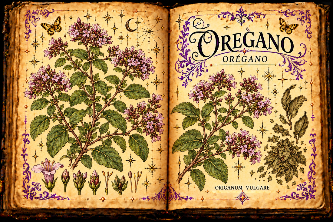 Open aged grimoire botanical study of oregano, Origanum vulgare, titled in English and Spanish
