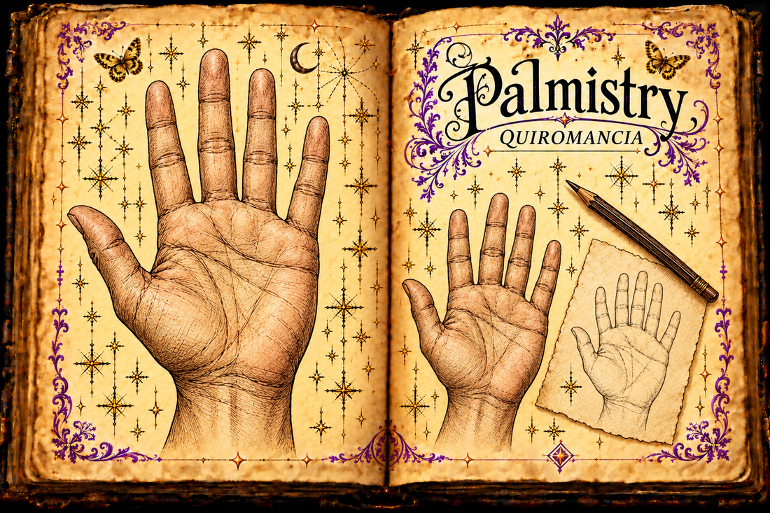 Open aged-parchment grimoire with ink hand studies, a pencil and hand-outline page, purple flourishes, gold butterflies, and the titles Palmistry and Quiromancia.