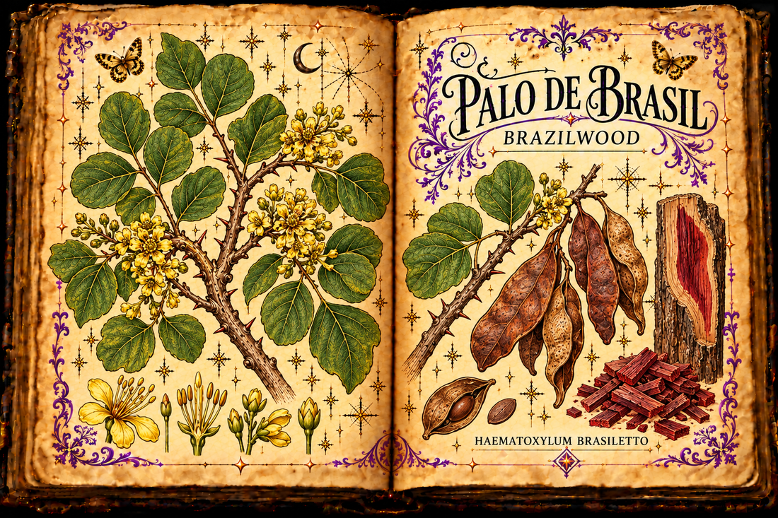 Open aged-parchment grimoire with hand-drawn Haematoxylum brasiletto tree, fluted trunk, paired heart-shaped leaflets, yellow flowers, copper pods and red heartwood chips, purple flourishes and gold butterflies, titled Palo de Brasil and Brazilwood