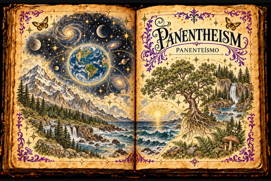 Open aged-parchment grimoire titled Panentheism and Panenteísmo, with Earth, stars, mountains, ocean, forest, waterfall, tree, purple flourishes and gold butterflies.