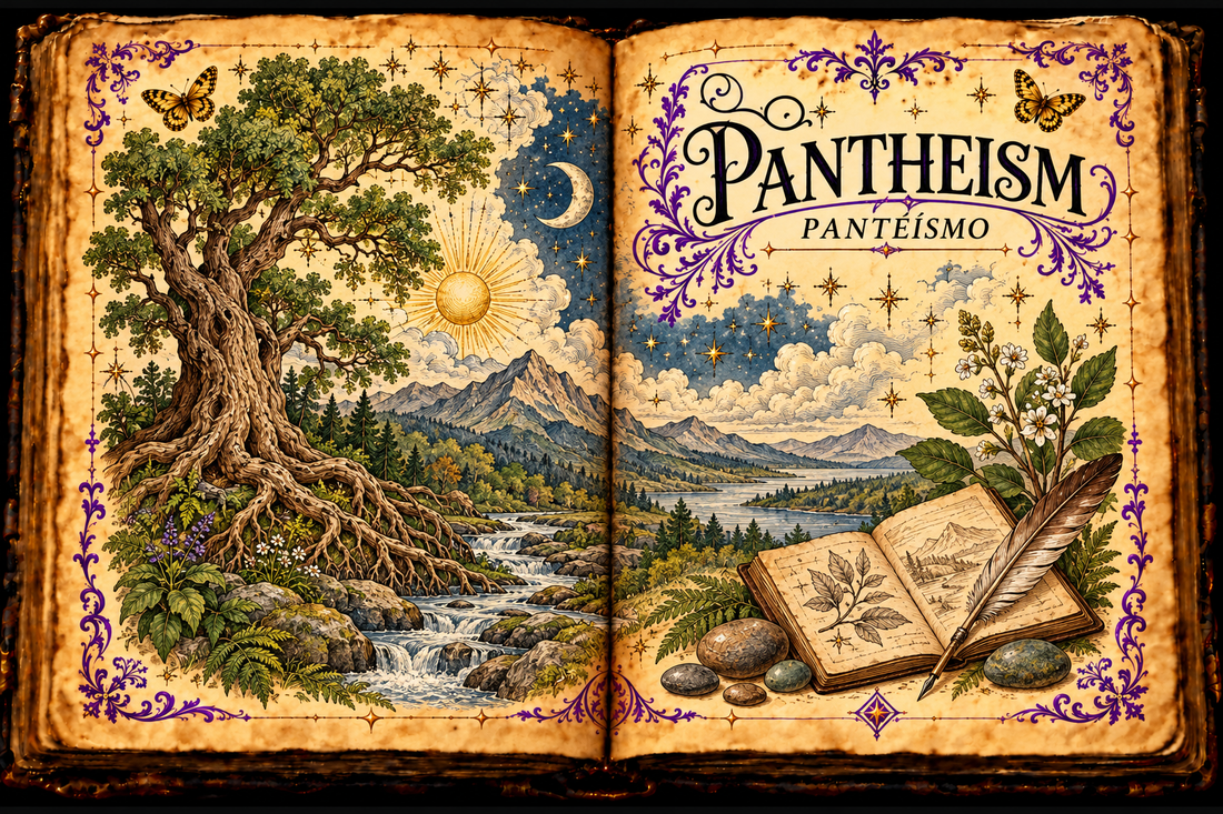 Open aged-parchment grimoire titled Pantheism and Panteísmo, with a great tree, river, mountains, sun, moon, stars, notebook, quill, stones, purple flourishes and gold butterflies.