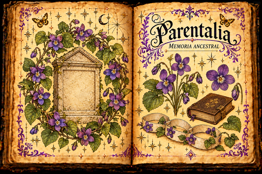Open aged grimoire titled Parentalia / Memoria ancestral, showing violets, a blank memorial tablet, a closed book and linked paper rings, purple flourishes and gold butterflies.