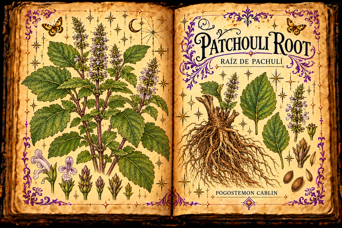 Open aged grimoire botanical study of patchouli root, Pogostemon cablin, titled in English and Spanish