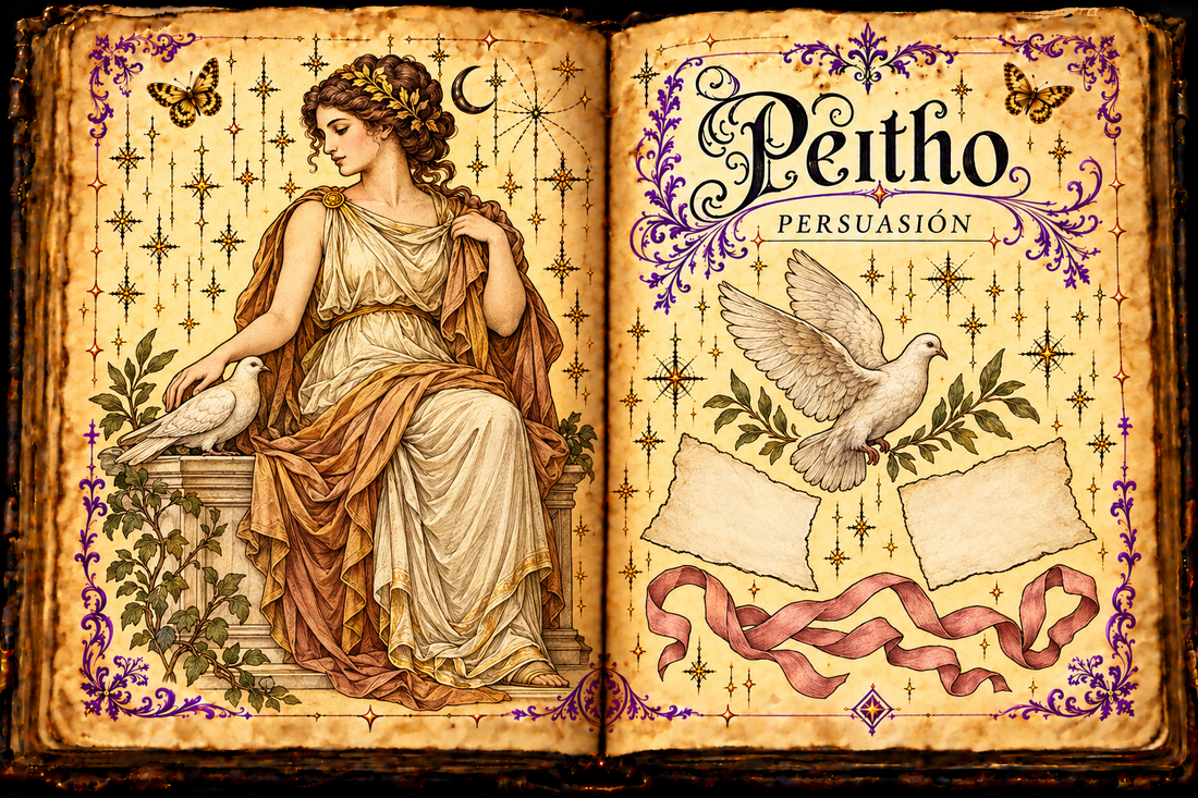 Open parchment grimoire showing Peitho in classical drapery beside a dove, with separate paper slips and a loose rose-colored ribbon beneath her English and Spanish title.