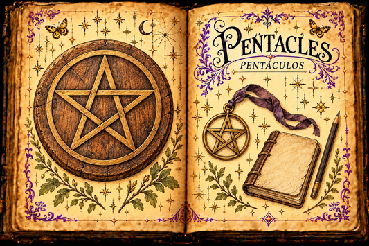 Open aged-parchment grimoire titled Pentacles / Pentáculos, with ink-and-watercolor studies of a wooden pentacle disk, brass pendant, notebook and pencil, purple flourishes and small gold butterflies.