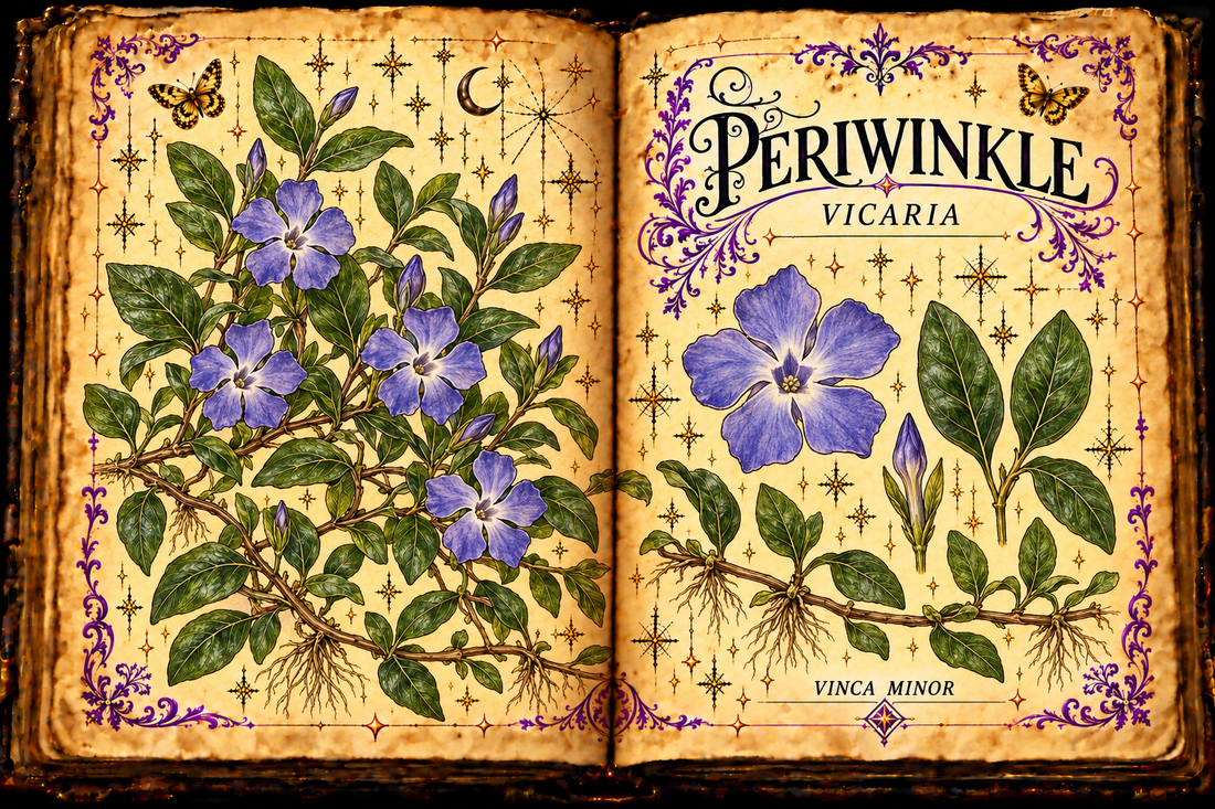 Open aged-parchment grimoire with hand-drawn Vinca minor trailing stems, paired evergreen leaves, rooting nodes and violet-blue flowers, purple flourishes and gold butterflies, titled Periwinkle and Vicaria