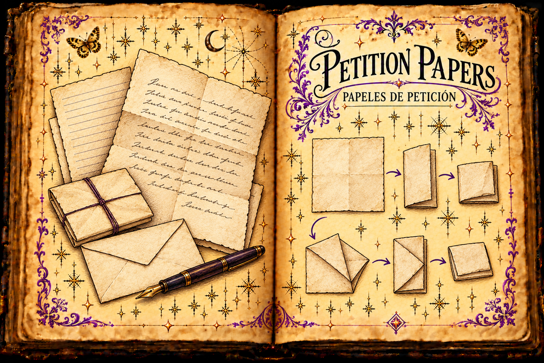 Open aged-parchment grimoire illustration for Petition Papers / Papeles de Petición, with cream papers, a folded packet, envelope, fountain pen, simple folding steps, purple flourishes, and gold butterflies